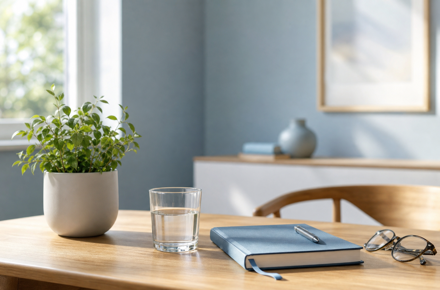 Een eenvoudige kaart, telefoon en sleutels naast een notitieboek op een tafel.